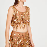Bronze Beaded Tulle Crop Top With Dripping Gold Sequin And Embroidery Details