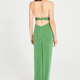 Green Halter Neck Maxi Dress With Cut Out And Gold Sequin Details