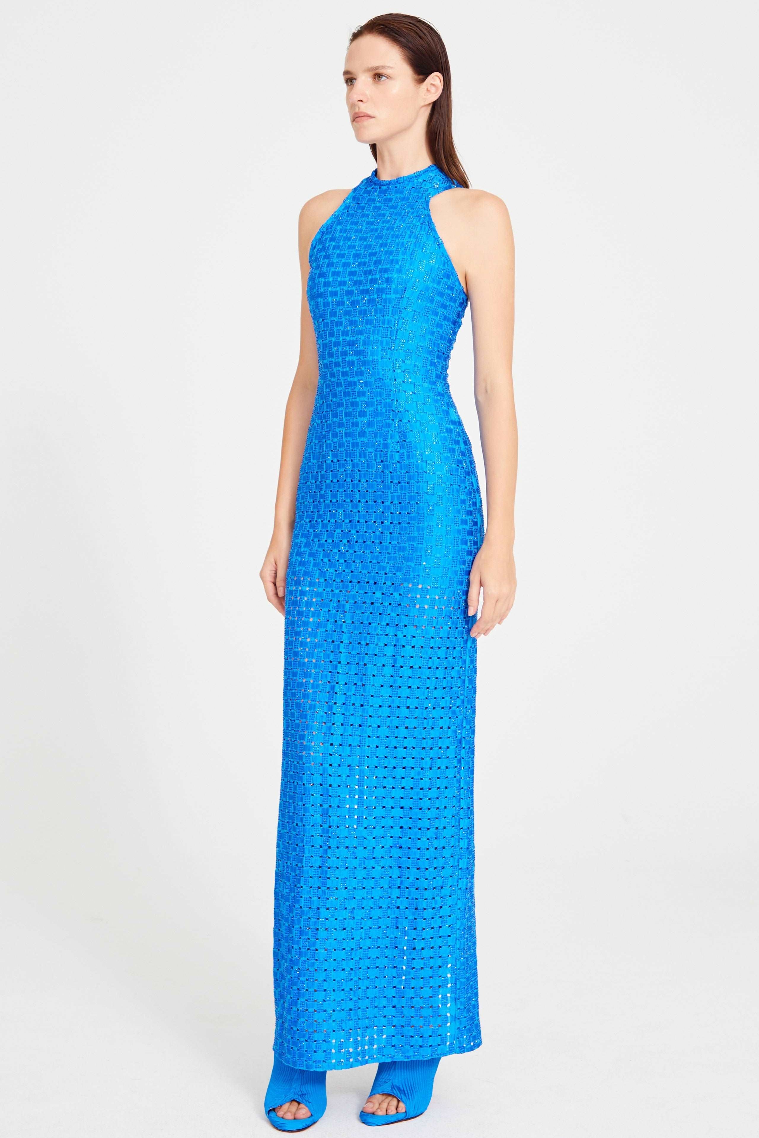Blue Halter Neck Maxi Dress With Embroidery Details RAISA VANESSA INT Blue Halter Neck Maxi Dress With Embroidery Details RAISA VANESSA INT