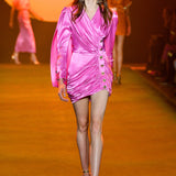 Satin Mini Dress with Buckles and Draped Details