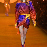 Multicolored Draped Mini Dress with Ribbon Belt