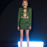 Cutout Long Sleeved Draped Mini Dress With Gold Buckles