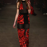 Red Velvet Maxi Dress With Black Geometric Cut-Out Details