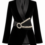 Black Velvet Blazer With Pearl And Crystal Buckle Detail