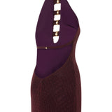 Knitted Burgundy Halter Neck Mini Dress With Gold Metal Accessories