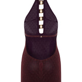 Knitted Burgundy Halter Neck Mini Dress With Gold Metal Accessories