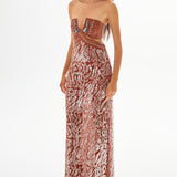 Chocolate Strapless Maxi Dress with Leather and Patterned Sequin Details
