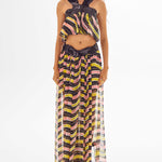 Amazonica Chiffon Wavy Striped Cross Neck Top with Black Sequin Details