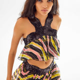 Amazonica Chiffon Wavy Striped Cross Neck Top with Black Sequin Details