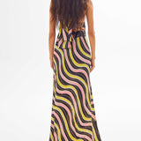 Amazonica Satin Wavy Striped Maxi Dress with Cutout and Black Sequin Details