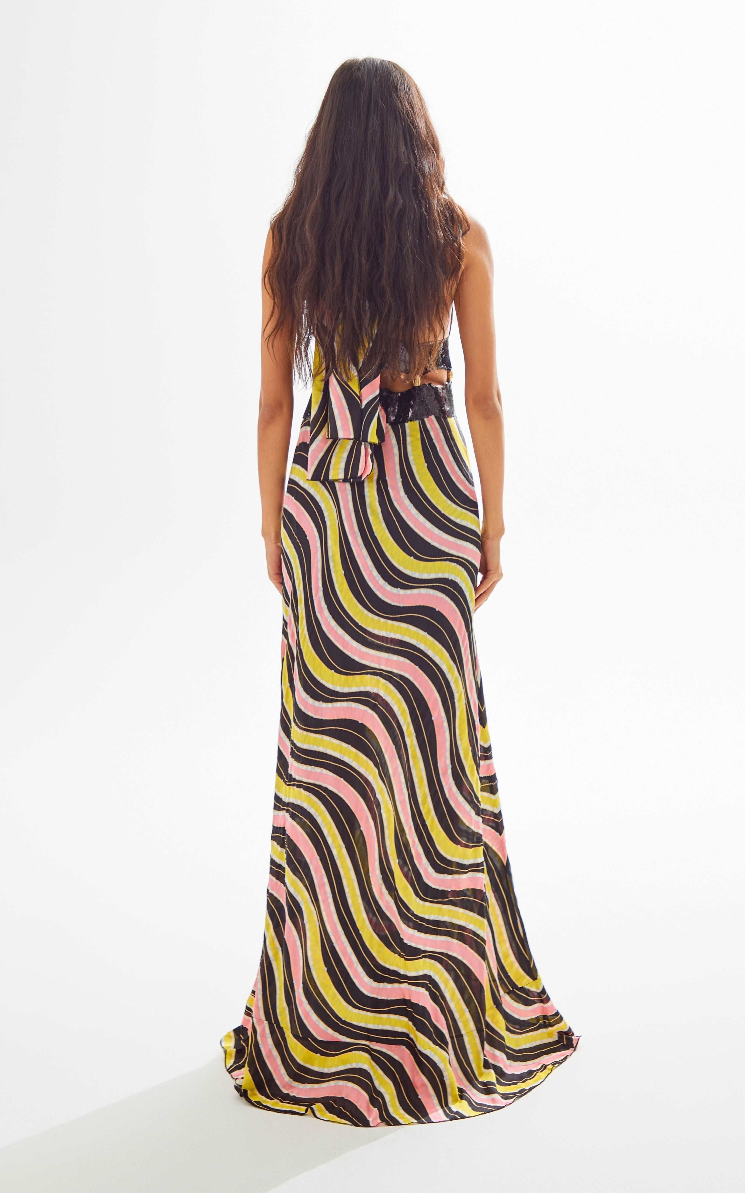 Amazonica Satin Wavy Striped Maxi Dress with Cutout and Black Sequin Details