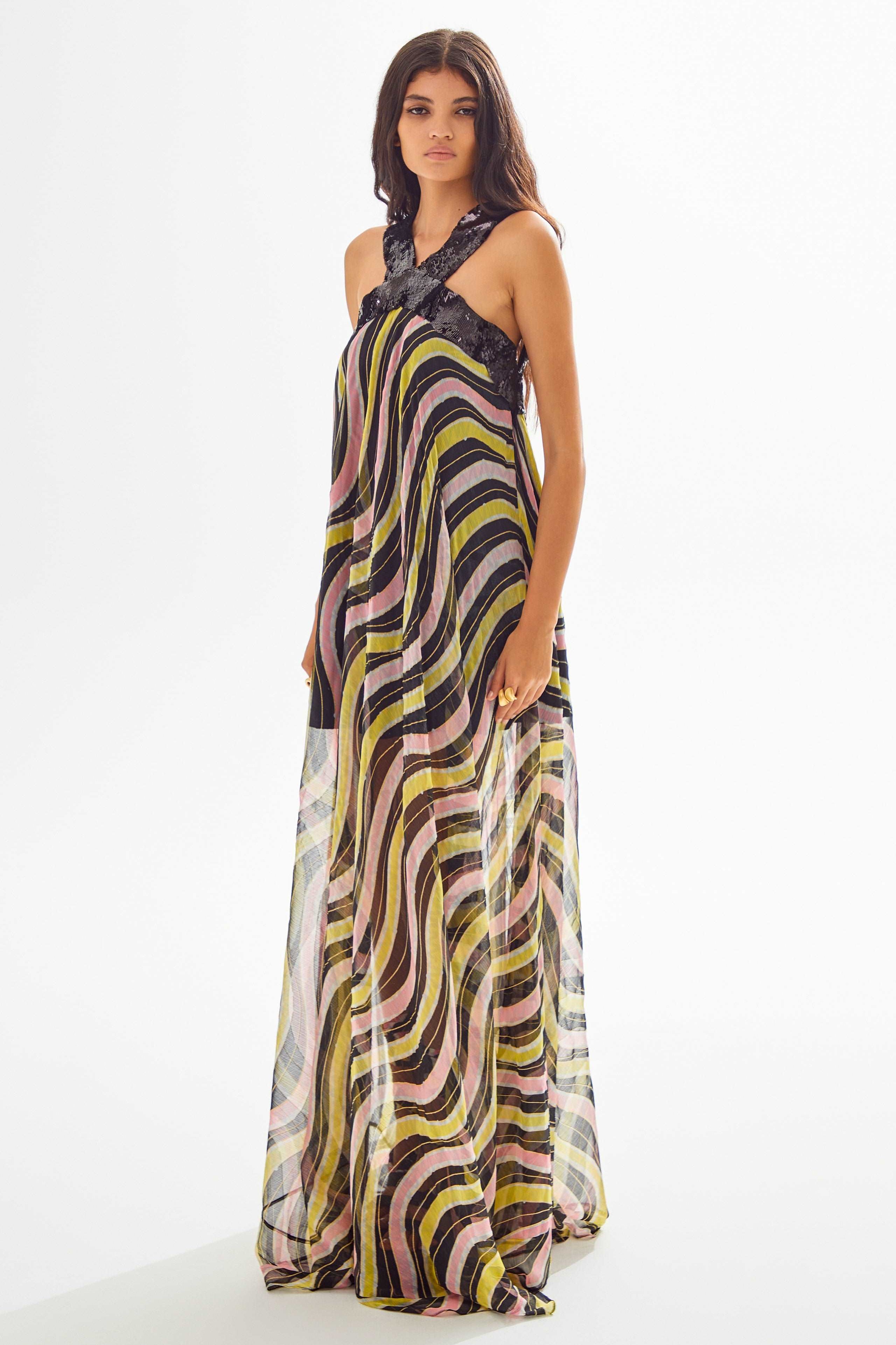 striped chiffon dress METALLIC STRIPED CHIFFON MAXI DRESS IN BLACK | CULT MIA