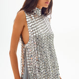 Silver Chiffon Halter Neck Mini Dress With Round Sequins