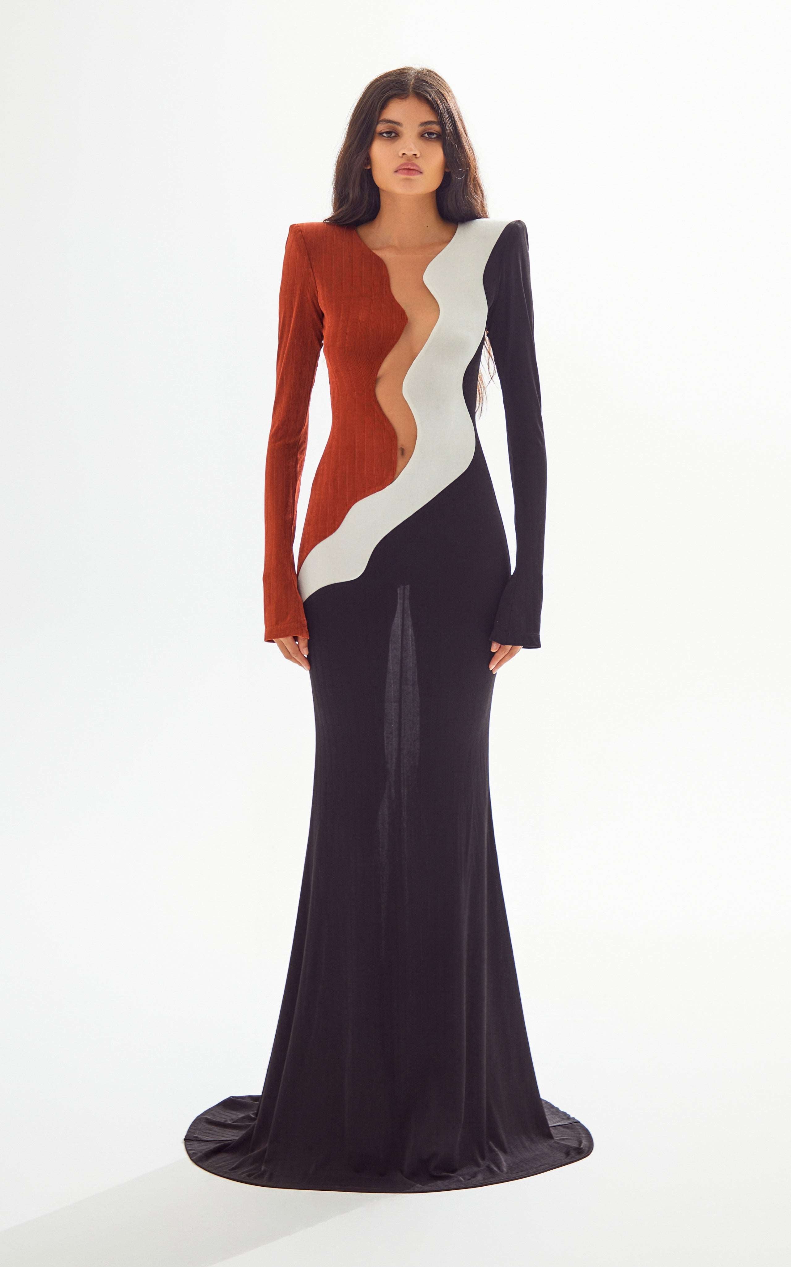 African Color Blocked Maxi Dress with Transparent Decolette Detail