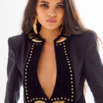 Black Linen Jacket with Suede and Gold Accessory Details