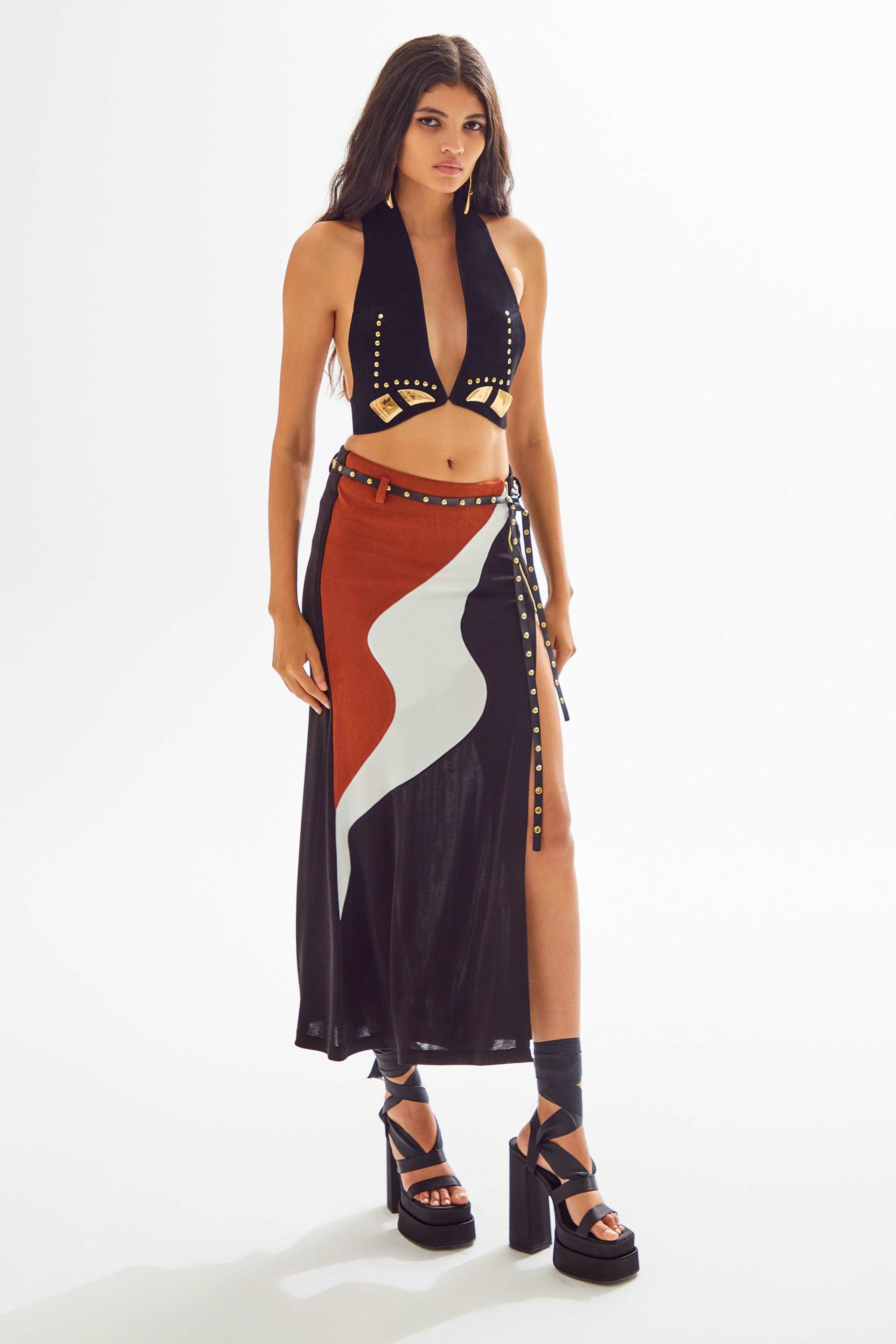 African Colour Blocked Midi Skirt with High Slit