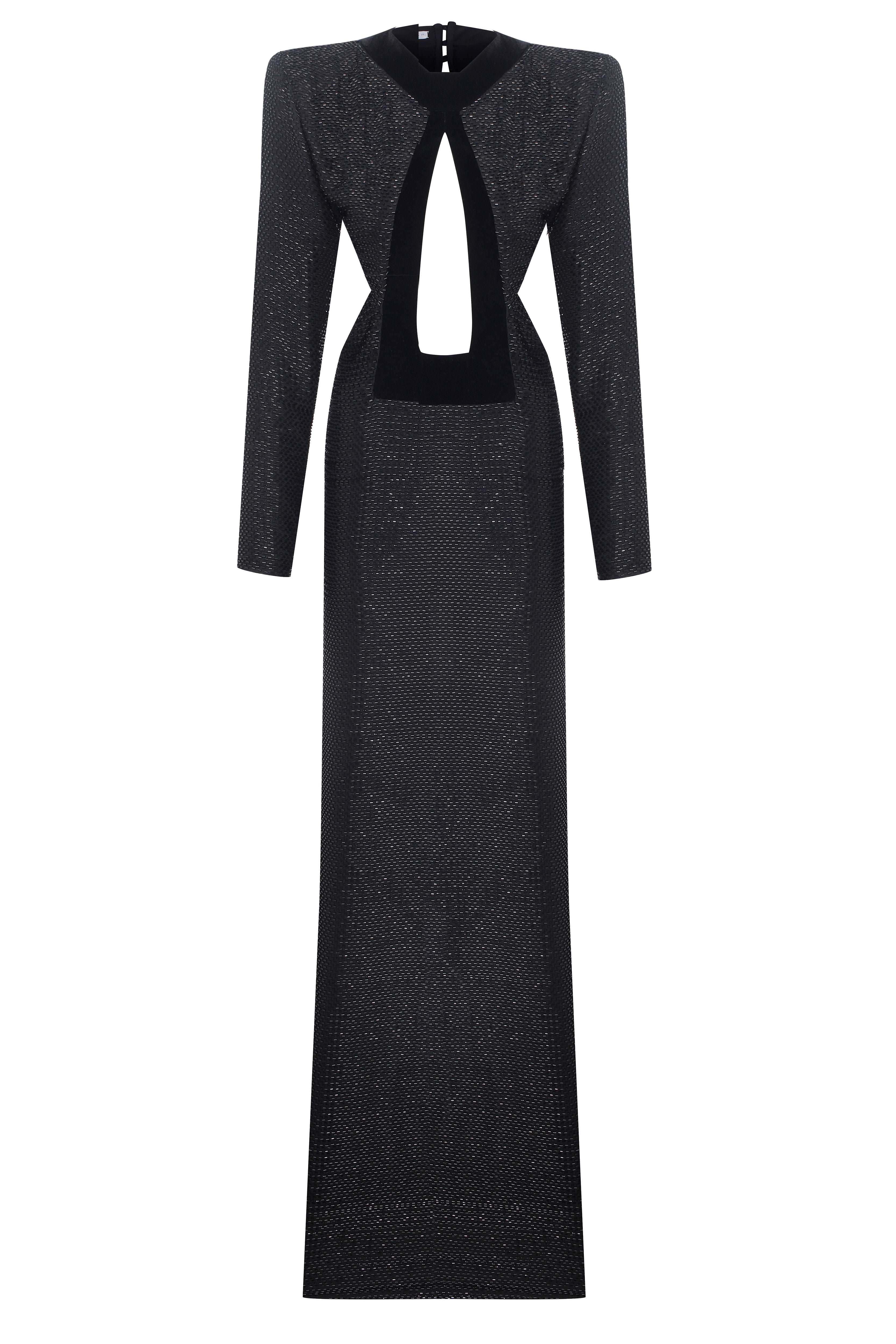 Black Chiffon Maxi Dress with Embroidery and Velvet Open Front Detail