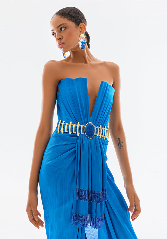 Satin Deep V Neck Strapless Maxi Dress With Gold Belt RAISA VANESSA INT Satin Deep V Neck Strapless Maxi Dress With Gold Belt RAISA VANESSA INT
