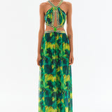 Chiffon Halter Neck Cutout Maxi Dress With Gold Buckles and Gemstone Details