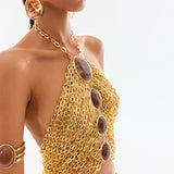 Halter Neck Gold Chain and Rhine Stone Chiffon Backless Crop Top With Gemstone Details