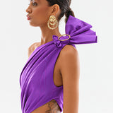Satin One Shoulder Mini Dress With Bow Tie and Gold Buckle Detail