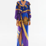 Patterned Hooded Maxi Wrap Satin Dress