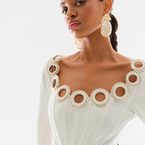 Long Sleeve Bateau Neck Knit Mini Dress With Circle Cutouts