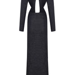 Black Chiffon Maxi Dress with Embroidery and Velvet Open Front Detail