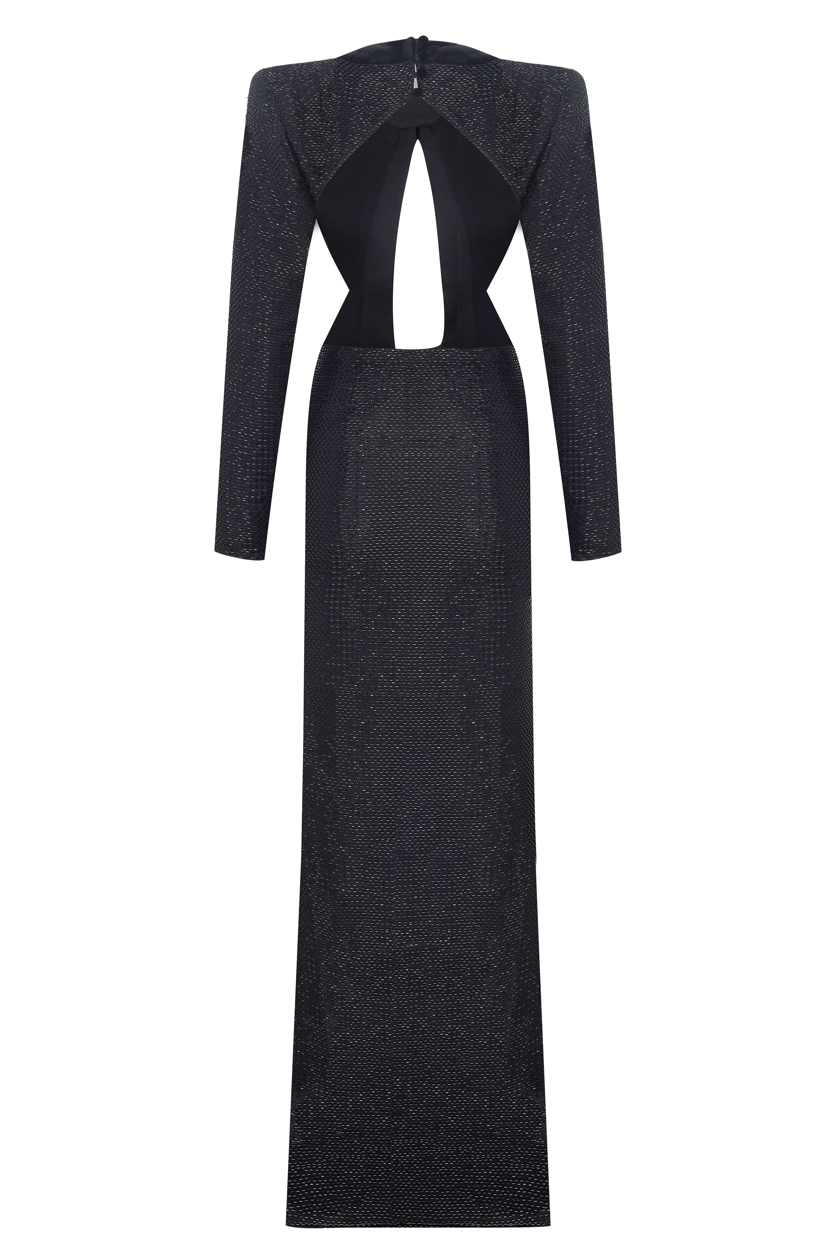 Black Chiffon Maxi Dress with Embroidery and Velvet Open Front Detail