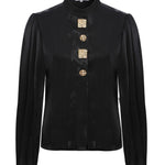 Black Satin Shirt with Pleated Arms Detail And Gold Buttons