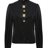 Black Satin Shirt with Pleated Arms Detail And Gold Buttons