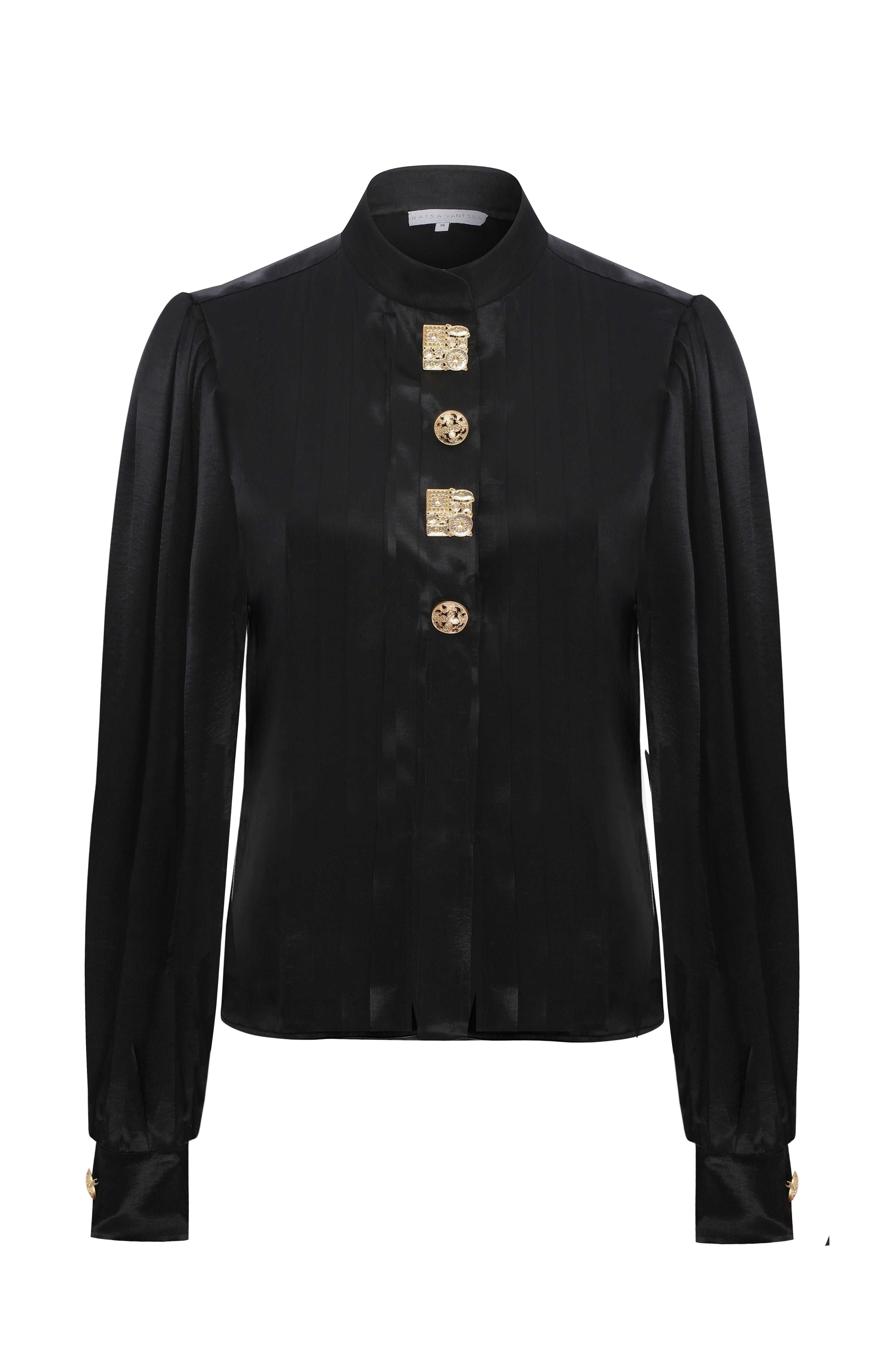 Black Satin Shirt with Pleated Arms Detail And Gold Buttons