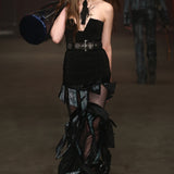Black Strapless Gown With Blue Velvet And Mesh Layered Skirt