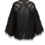 Black Sheer Tulle Jacket With Gold Embroidery And Feather Details