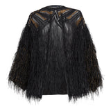Black Sheer Tulle Jacket With Gold Embroidery And Feather Details