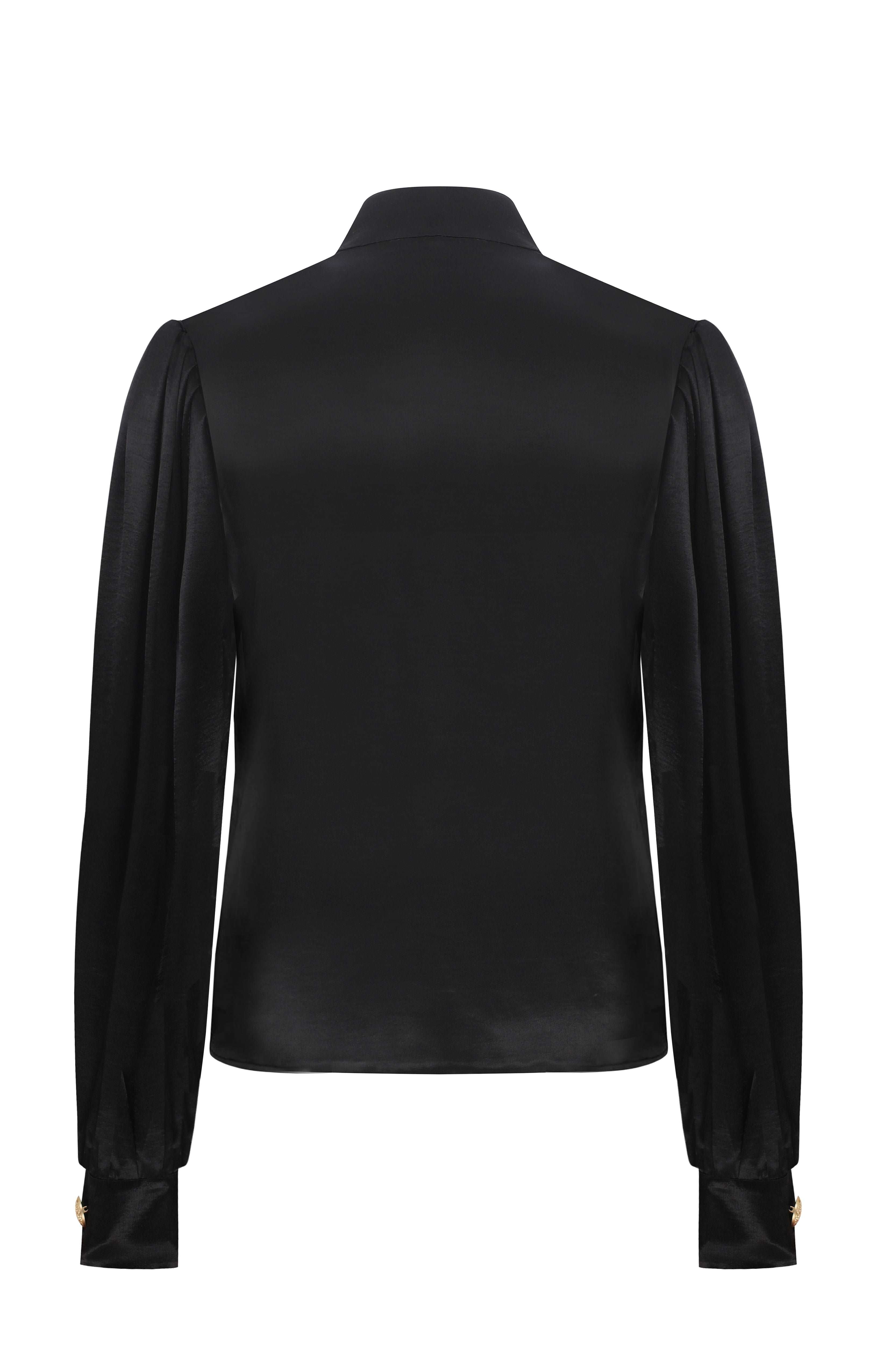 Black Satin Shirt with Pleated Arms Detail And Gold Buttons