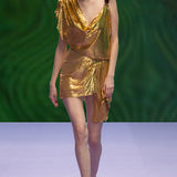 Gold Metal Cowl Neck Draped Mini Dress