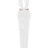 White Buzzy V-Neck Maxi Dress With Cutout And Gold Ivory Accessory Details