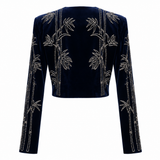 Navy Velvet Silver Beaded Cropped Jacket