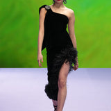 Velvet Asymmetrical Midi Dress With Feather Details