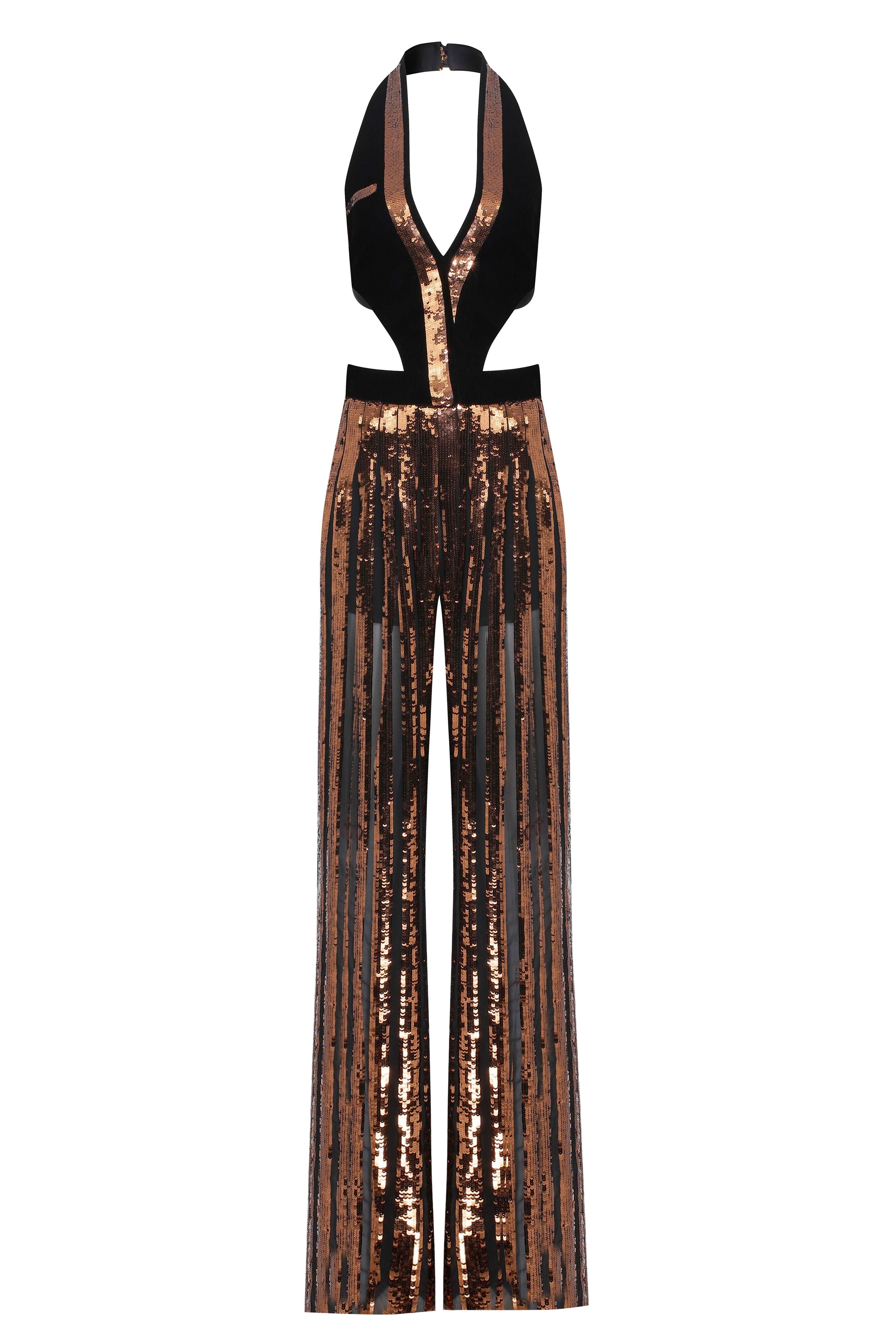 Black/Bronze Sequined Chiffon Jumpsuit