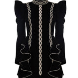 Chain Strass Embroidered Velvet Dress with Ruffles Sleeves