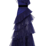 One Shoulder Ruffled Tulle Maxi Dress