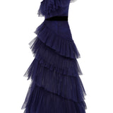 One Shoulder Ruffled Tulle Maxi Dress