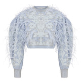 Beaded Jacquard Mini Sweater With Feathers