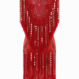 Red Embroidered Mini Dress With Silver Mirror Fringe