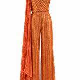 Crystal Embellished Chiffon Jumpsuit With Pleated Half Cape