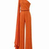 Crystal Embellished Chiffon Jumpsuit With Pleated Half Cape