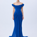 Indigo Tulle Cowl Neckline Structural Dress With Draped Hips