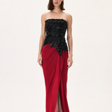 Black Gown With Beaded Leaf Motive Striped Corset Top And Fully Embroidered Flower Detail